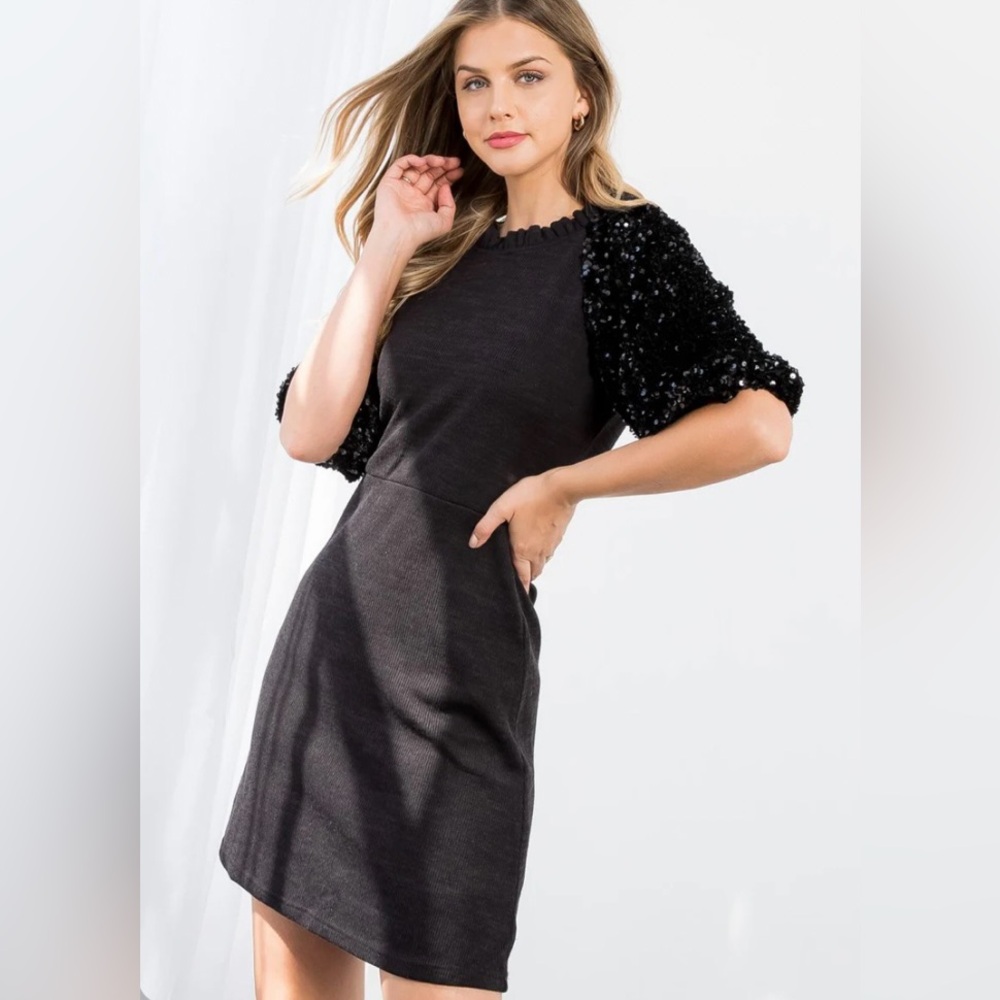 NWT Size Medium Boutique Black Dress with Sequin Sleeves